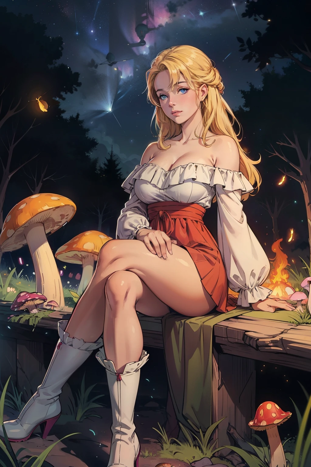 Light blonde haired anime girl with pale blue purple eyes wearing pink off shoulder puffy sleeves dress and knee length white boots sitting in the woods next to an orange mushroom surrounded by fireflies under starry sky sitting  