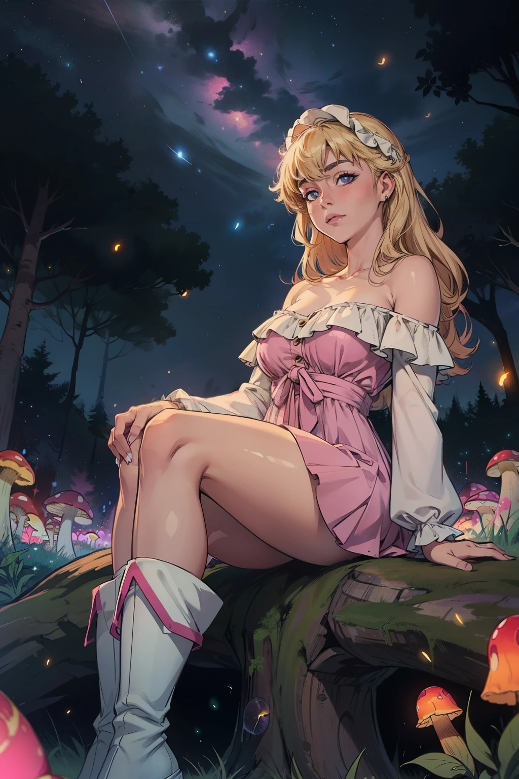 Light blonde haired anime girl with pale blue purple eyes wearing pink off shoulder puffy sleeves dress and knee length white boots sitting in the woods next to an orange mushroom surrounded by fireflies under starry sky sitting  