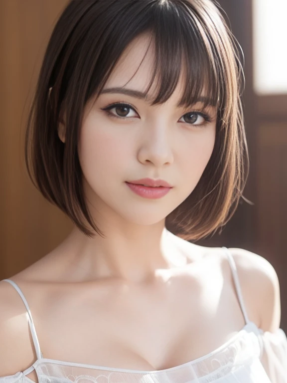 (SFW:1.8、masterpiece, masterpiece、Highest quality), (1 Girl, alone, Realistic, Realistic, Looking at the audience, Highly detailed light brown eyes:1.4, 短めのBrunette Short Bob Hair:2、Highly detailed shiny short hair:1.5, bangs:1.6、Very delicate and beautiful、Very detailed and everything is beautiful、Brightly colored off-the-shoulder dress.:1.4, See-through costume、Lepangas:1.4), Upper Body、big chest eye、eyelash、{Hugeな|big chest|Hugeなな|Mega} whole :2, Chest cleavage:2))、(((Portraiture:2、Face close-up:2、Face close-up:2)))、Perfect Anatomy、((bangs:2, hyper Realistic