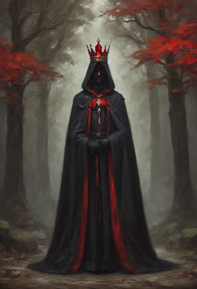 Mysterious black cloak，Red crown，Red Gem Staff