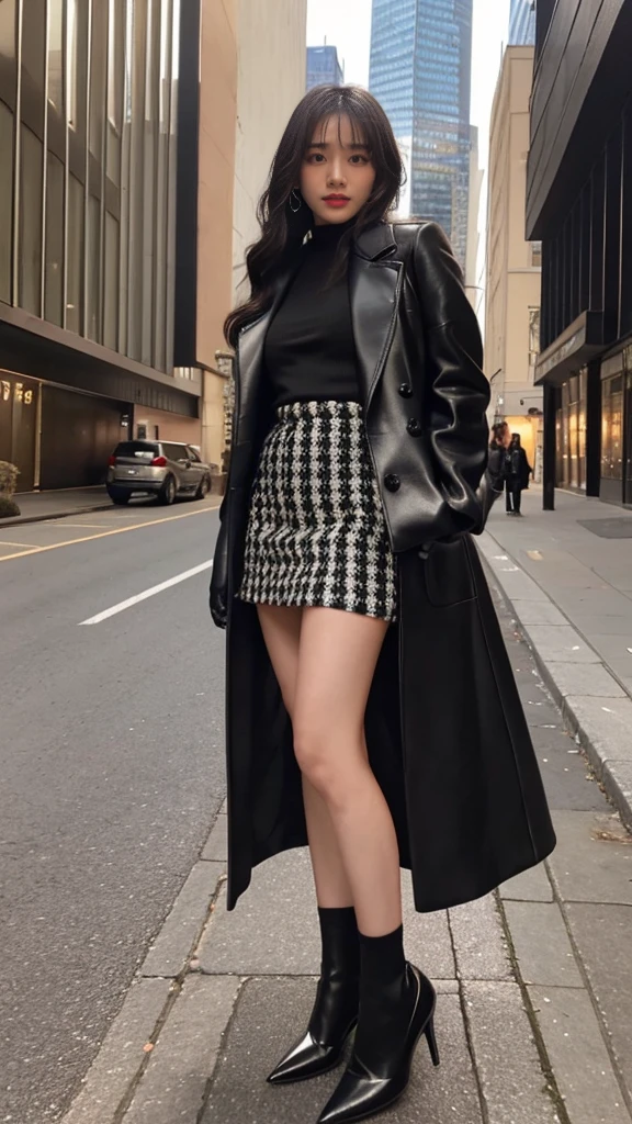 (8k、RAW Photos、Highest quality、masterpiece:1.2)、(Realistic、Realistic)、1 Girl、((Check mini skirt、long coat black、Slender legs、boots、one piece、tights、garden、View from the front、Looking at the camera、belt、Hands on your hips))、cute