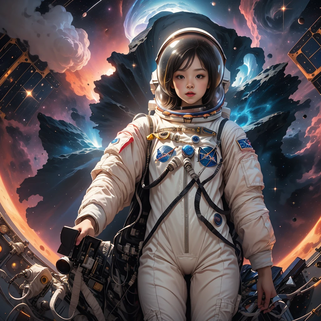 (An astronaut in a spacesuit floats in the center of the screen in front of a nebula:1.7)、A stunning detailed illustration of the Orion Nebula、Surreal、8K、High resolution、masterpiece、Cinematic lighting、Dramatic atmosphere、Glowing celestial bodies、Bright colors、Deep Universe、Nebula Cloud、Space Landscape、Awe-inspiring、Fascinating、Photorealistic、Intricate details、Stunning beauty、Breathtaking、Ultra-detailed、wearing sexy astrosuit with helmet