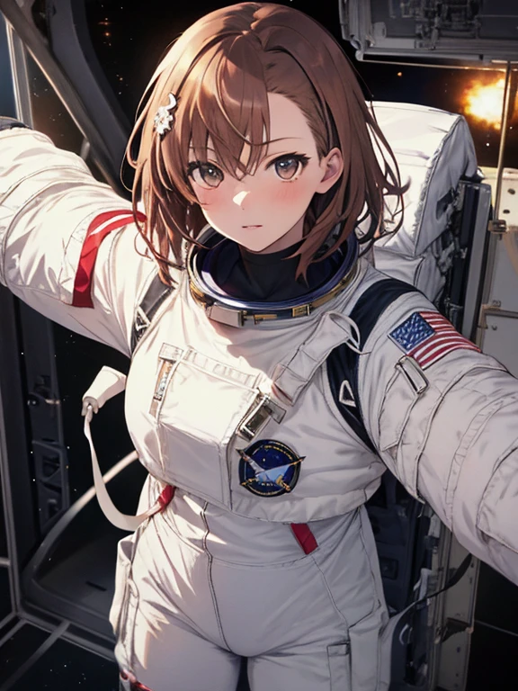 astronaut, (masterpiece), Spacewalk, highest quality, Misaka Mikoto, 1girl, uhd, retina, masterpiece, ccurate, anatomically correct, textured skin, super detail, high details, high quality, best quality, highres, 4K