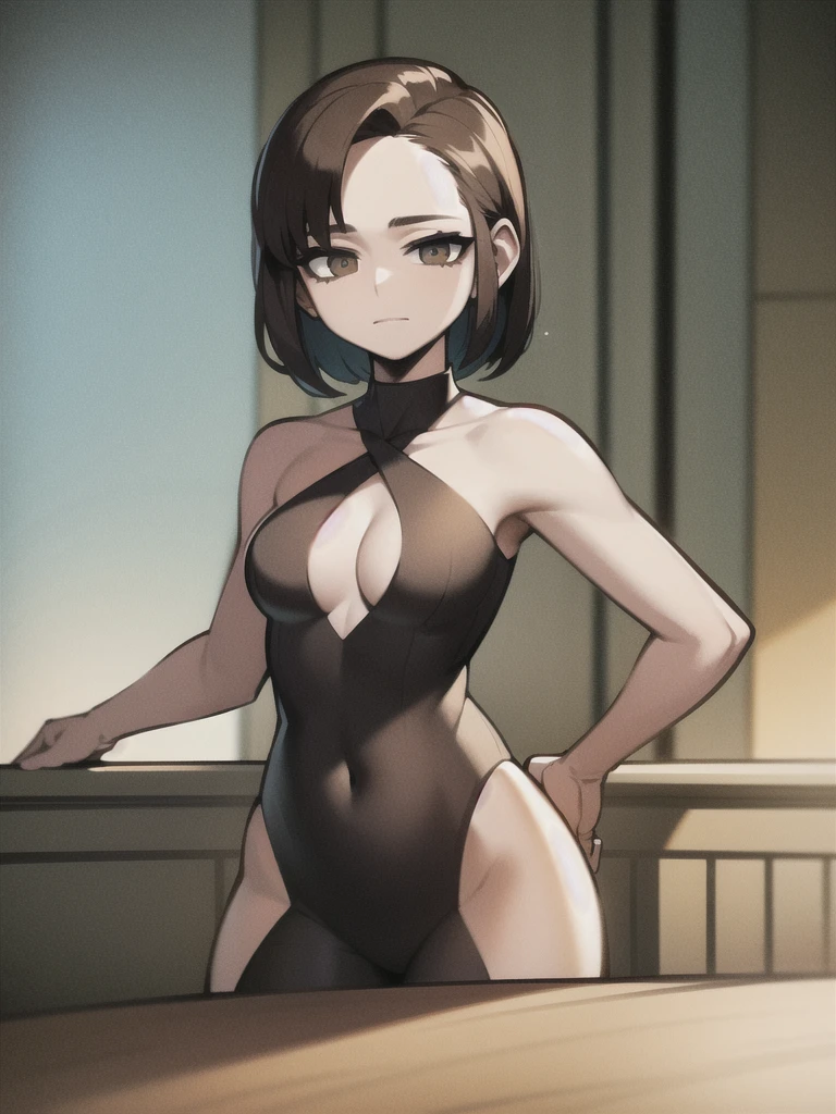 masterpiece, best quality, best lighting, shadows, portrait, perfect anatomy, bitchy, 1 girl, adult anime girl, 21 years old, bunny girl, bunny uniform, allure, erotic, mature features, pretty face, pretty lips, pretty eyes, balck short hair, red eyes, seductive eyes, blushing, flirty, pretty smile, huge ass, breast, thighs, seductive, spicy, hot, flirty, nsfw,