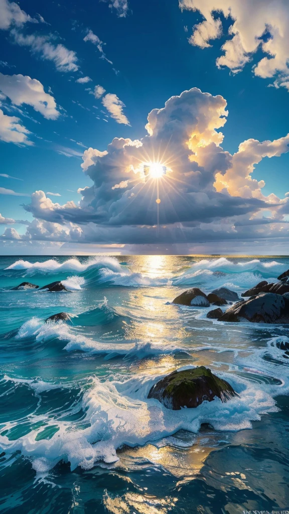 (Highest quality,masterpiece:1.3,Ultra-high resolution),(Very detailed,Caustics,8K), (Realistic:1.4, RAW shooting),clear blue sea,blue sky,White cloud,island,sun,Natural light