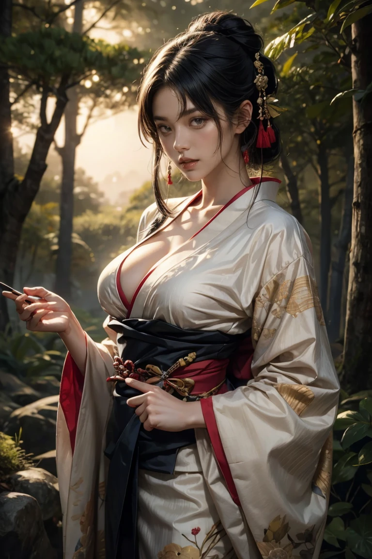 Seductive and mysterious girl with long black hair, Big Breasts:1.0, Slanderous body, Dress in traditional Japan costumes, Standing in the moonlit forest. This illustration was inspired by the manga series character Ragawa Kiriko.。 "Akatsuki no Yona". The artwork is highly detailed and realistic, The intricate patterns of the kimono and soft lighting. Created by artist WLOP using digital painting techniques. (Concept Art, 4K resolution)