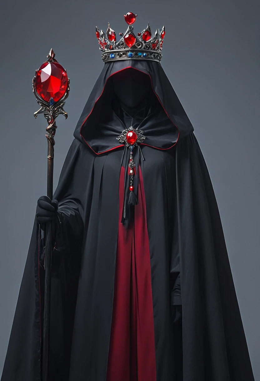 Mysterious black cloak，Red crown，Red Gem Staff