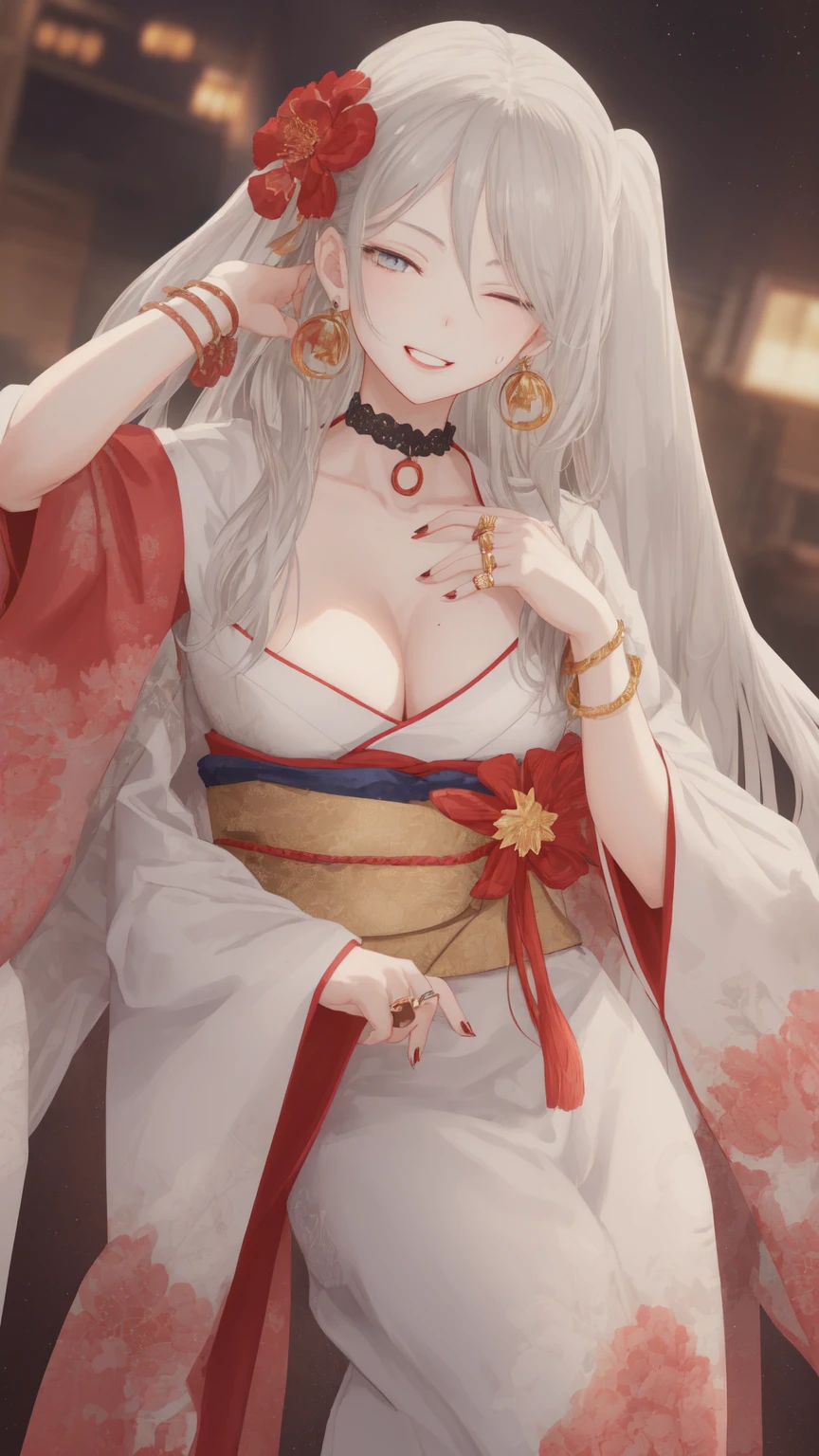 (1 milf:1.4), (Female ,cum shots,Futanari:1.3),white  hair,Red Eyes,shorth hair,A Japanese style, (NSFW:1.4), (Colossal tits,bignipple) , (White kimono:1.6),Daytime,Japanese style background,Confident behavior,Large crowds,Being watched,insult,masutepiece, Best Quality, (Anatomy:1.5)