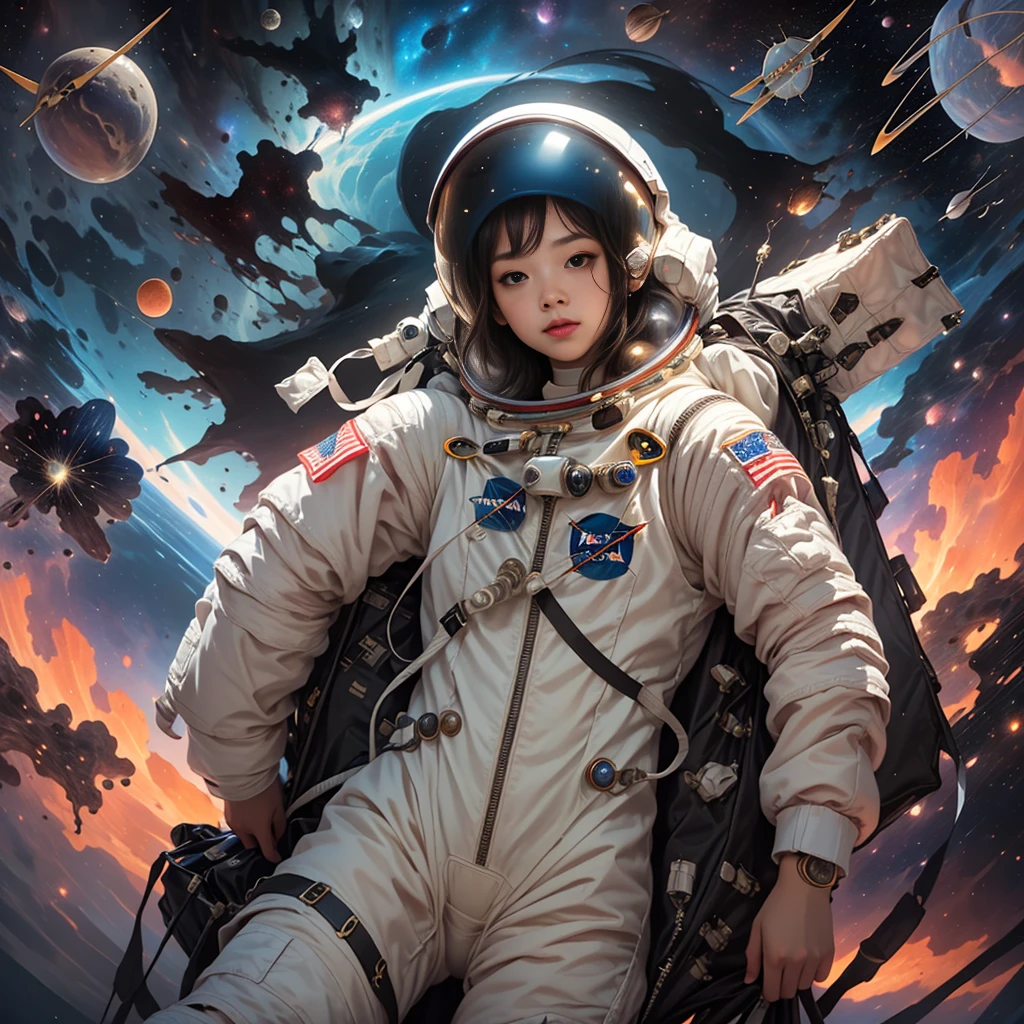 (An astronaut in a spacesuit floats in the center of the screen in front of a nebula:1.8５)、A stunning detailed illustration of the Orion Nebula、Surreal、8K、High resolution、masterpiece、Cinematic lighting、Dramatic atmosphere、Glowing celestial bodies、Bright colors、Deep Universe、Nebula Cloud、Space Landscape、Awe-inspiring、Fascinating、Photorealistic、Intricate details、Stunning beauty、Breathtaking、Ultra-detailed、wearing sexy astrosuit with helmet