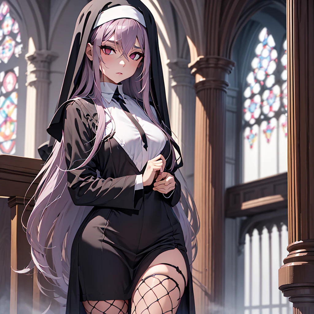 Female, ((dark mauve long hair)), traditional nun habit, slim, vampire, fishnet stockings, light red eyes, religion, solo