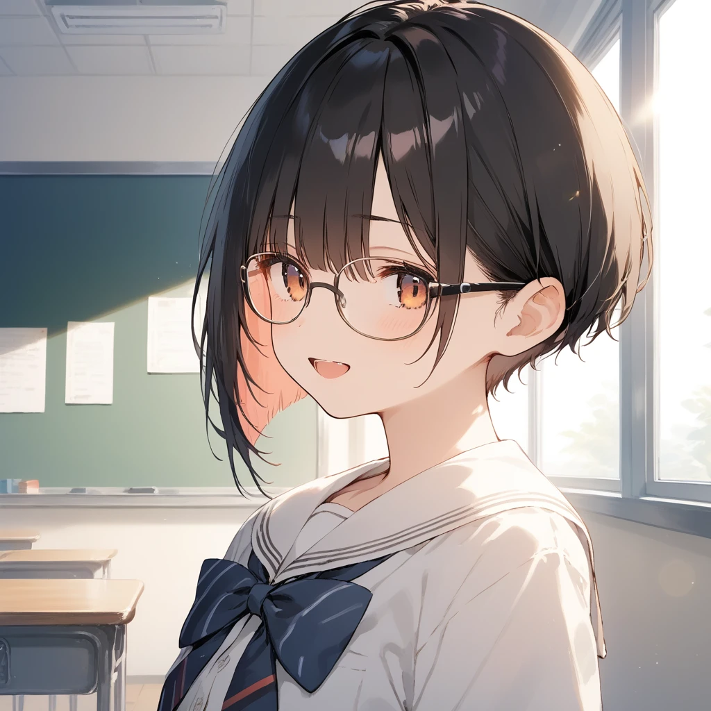 masterpiece, Highest quality, so beautiful, Absurd,
One girl, alone, Black Hair, Bobcut,
Thermont 16A, Glasses,
Collared shirt、Ecstatic expression、View your viewers, White Background, Simple Background,