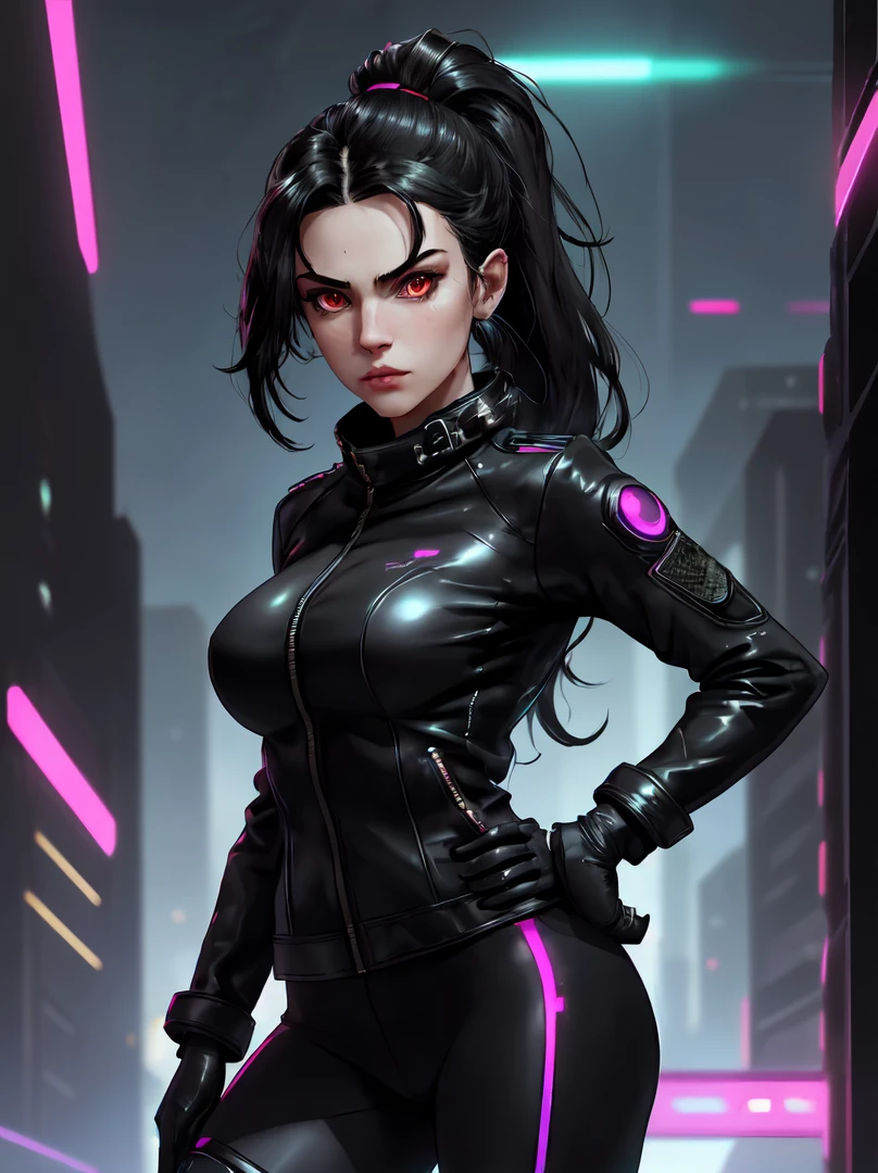 (masterpiece, best quality, aesthetic:1.4,) 1girl, Cyberpunk, futuristic, Yelan, BREAK, symmetrical face, highly detailed face, black hair, long hair, ponytail, holographic interface, BREAK, crimson eyes, highly detailed eyes, BREAK, large breasts, tight clothing, leather jacket, black shirt, BREAK, knee boots, black yoga pants, black gloves, tactical gear, BREAK, hands on hips, serious expression, standing, BREAK, female focus, upperbody, neon aesthetic, futuristic cityscape, sci-fi