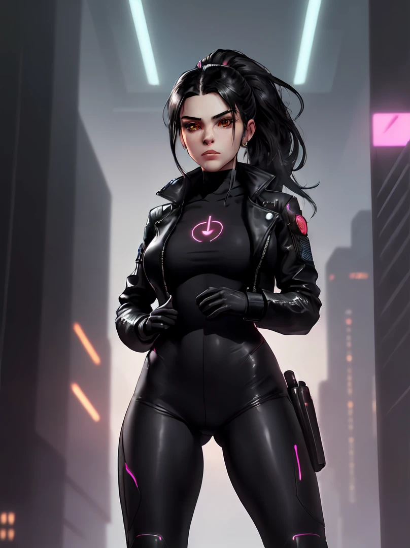 (masterpiece, best quality, aesthetic:1.4,) 1girl, Cyberpunk, futuristic, Yelan, BREAK, symmetrical face, highly detailed face, black hair, long hair, ponytail, holographic interface, BREAK, crimson eyes, highly detailed eyes, BREAK, large breasts, tight clothing, leather jacket, black shirt, BREAK, knee boots, black yoga pants, black gloves, tactical gear, BREAK, hands on hips, serious expression, standing, BREAK, female focus, upperbody, neon aesthetic, futuristic cityscape, sci-fi