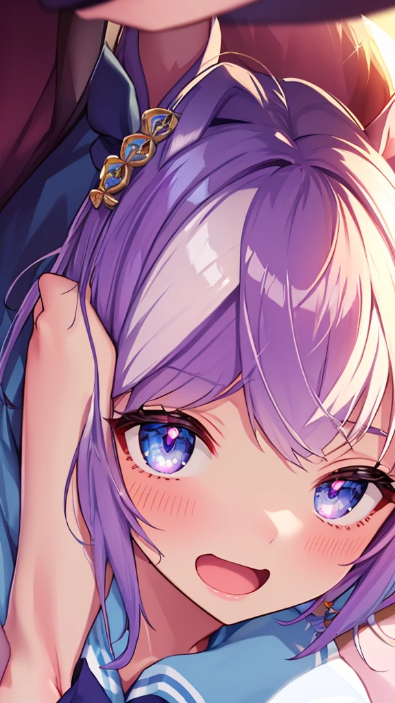 ((8K, Best Quality, masterpiece, Highly detailed)),{{{NSFW}}},Semi-realistic illustrations,Mejiro McQueen \(umamusume\),{1 girl,beautiful girl,cute,smile,kawaii, lovely,blushing,playful expression},sharp focus,oily skin,beautiful detailed hair,glossy hair,(wear school uniform:1.5),(two nipples slip from school uniform:1.2)(NSFW),erection-of-nipples,(lying on the bed:1.2),wear long school skirt,perfect two legs,(spread two legs:1.2),(show-off-white-panties:1.3),five fingers,large breaths,wear black pantyhose,beautiful detailed eyes,jewel like eyes,violet eyes, (two hands behind head:1.1),open mouth,armpits, solo,beautiful navel,  looking at viewer,collarbone,earring