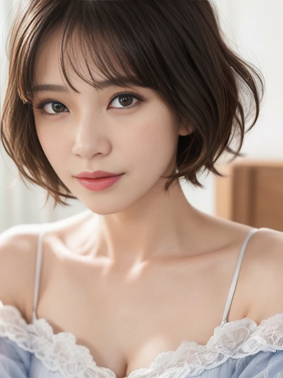 (SFW:1.8、masterpiece, masterpiece、Highest quality), (1 Girl, alone, Realistic, Realistic, Looking at the audience, Highly detailed light brown eyes:1.4, 短めのBrunette Short Bob Hair:2、Highly detailed shiny short hair:1.5, bangs:1.6、Very delicate and beautiful、Very detailed and everything is beautiful、Brightly colored off-the-shoulder dress.:1.4, See-through costume、Lepangas:1.4), Upper Body、big chest eye、eyelash、{Hugeな|big chest|Hugeなな|Mega} whole :2, Chest cleavage:2))、(((Portraiture:2、Face close-up:2、Face close-up:2)))、Perfect Anatomy、((bangs:2, hyper Realistic