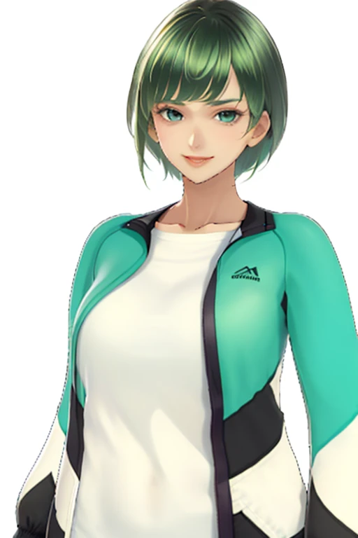 big bangs,beautiful bangs,green hair,Emerald hair,short hair,short hair,bright face,upper body up,chest up,business woman,intellectual,smile,jacket,white shirt , laughter,drooling eyes, alone,Flow of hair that extends to the face,Big light blue eyes shine charmingly,green one piece,eyeliner,Shining white skin,
