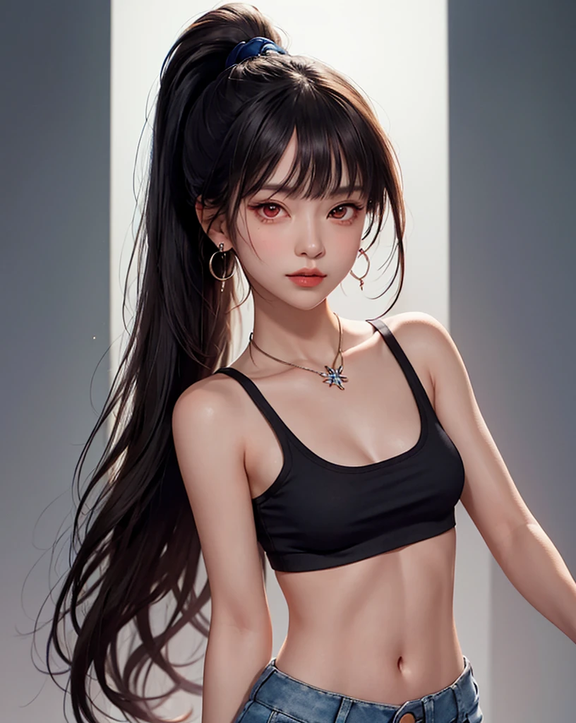 (masterpiece, best quality, 1 girl, alone, intricate details, chromatic aberration), (reality), (skin), 1 girl Shizuku High Ponytail, ((middle breath)), (brunet, blunt bangs), detailed hair, Redhead Jewelry, Blue highlighting, One or more hairs eyes, red eyes, small earrings, piercer, necklace, ((Black crop top cutout)), sex, (symmetrical eyes), (perfectly symmetrical body), night, ((natural light))), backlighting, Against a gray wall, glimmering, standing, (looking at viewer), ((center shot, from the front, (Face and waist) Pronounced bust line deep V sexy