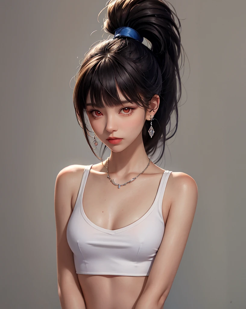 (masterpiece, best quality, 1 girl, alone, intricate details, chromatic aberration), (reality), (skin), 1 girl Shizuku High Ponytail, ((middle breath)), (brunet, blunt bangs), detailed hair, Redhead Jewelry, Blue highlighting, One or more hairs eyes, red eyes, small earrings, piercer, necklace, ((Black crop top cutout)), sex, (symmetrical eyes), (perfectly symmetrical body), night, ((natural light))), backlighting, Against a gray wall, glimmering, standing, (looking at viewer), ((center shot, from the front, (Face and waist) Pronounced bust line deep V sexy