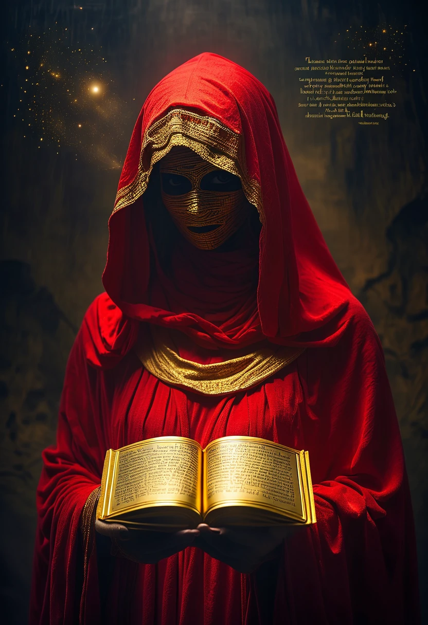 (dark), Photography Ambient Light, A mummy wearing a red hooded robe，The robe has a gold border，There are magic words engraved on it, Mummy in red hooded cloak, floating