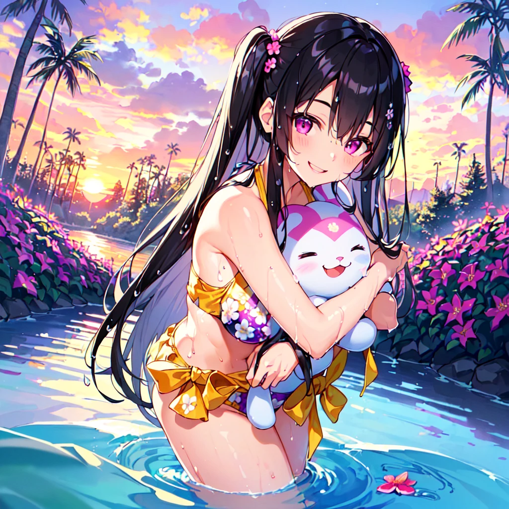 masterpiece, best quality, high quality, extremely detailed, very delicate and beautiful, (1 female 18 years old solo:1.5), (long black hair up to waist with two side up:1.5), bangs to eyebrows, eyes (eyes sharp, strong glossy glossy eyes, eyebrows glossy, (eye color magenta:1.3), 6.5 head height, (bikini swimsuit with hibiscus print:1.3), (floating on back in sea), (smiling), (dynamic pose), (background tropical sea:1.3), (sunset: 1.3)