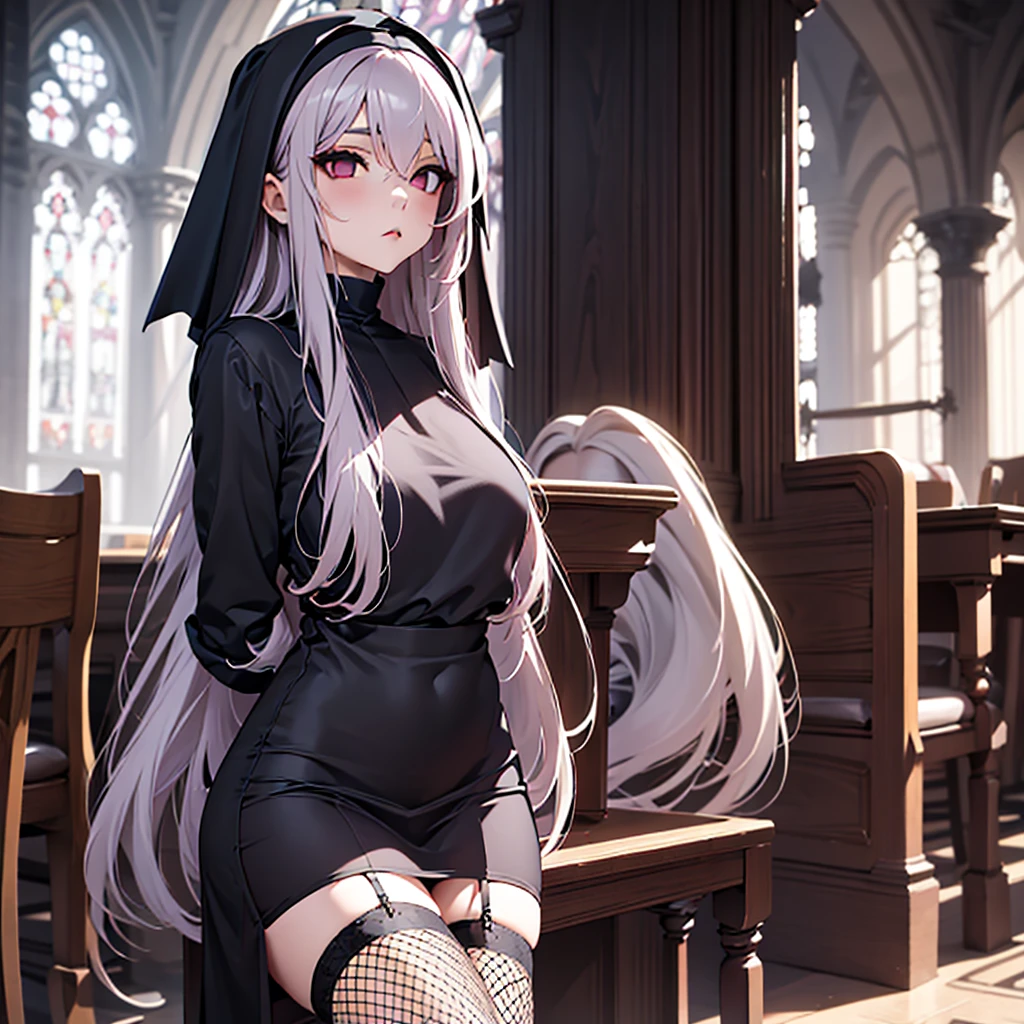 Female, ((dark mauve long hair)), traditional nun habit, slim, vampire, fishnet stockings, light red eyes, religion, solo