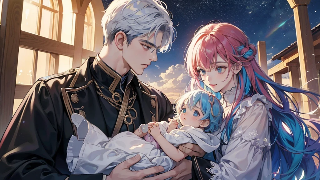 (((Single mother and son,My son is a newborn baby.)))、((Highest quality、Masterpiece、Official Art、The best dynamic composition))、They both have a mixture of blue and white hair.、She is happily stroking the baby's cheek.、Heartwarming、happiness、A sparkling world、Upper body close-up、