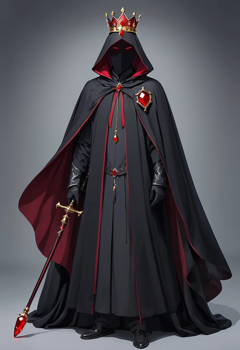 Mysterious black cloak，Red crown，Red Gem Staff