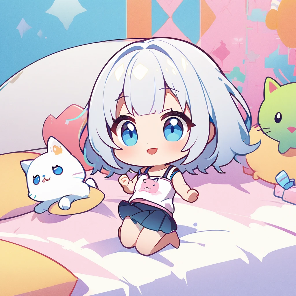 masterpiece、Highest quality、Depth of subject、((2D illustration))、1 beautiful girl、((colorful))、(((chibi style)))、((Long, beautiful hair))、Bright silver hair、hair between eyes、cute、Beautifully detailed eyes、Tank top、((mini skirt))、(((vivid color))、((bed))、((full body shot))、((Very happy face))、((kitten))、stuffed toy、((There&#39;s a lot of pink around))、((Lens flare))、White light is shining、My whole body was filled with light