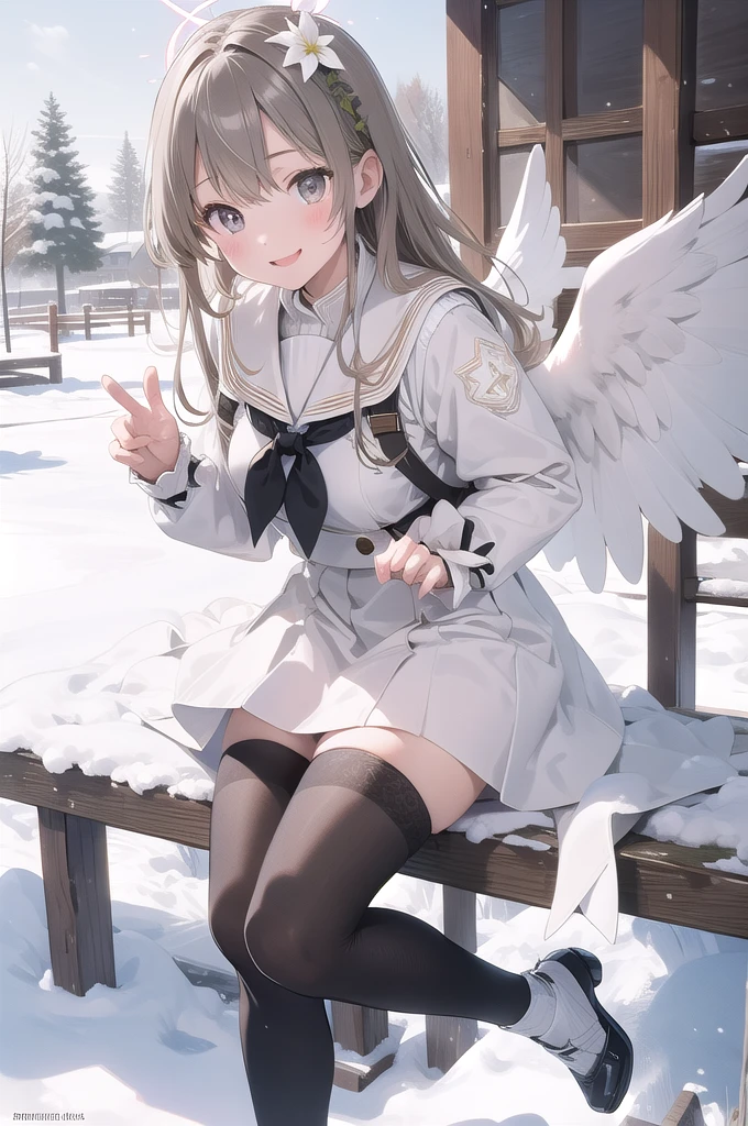 (masterpiece:1.3), (absurdres:1.3), (best quality:1.3), (ultra-detailed:1.3), snow, outdoors, full body, waving, smile, 1girl, nagisa-fi, halo, white wings, long sleeves, white dress, sailor collar, capelet, white skirt, black pantyhose, white high heels,Big angel wings、Big Wings、Floating in the sky、Floating in the air、