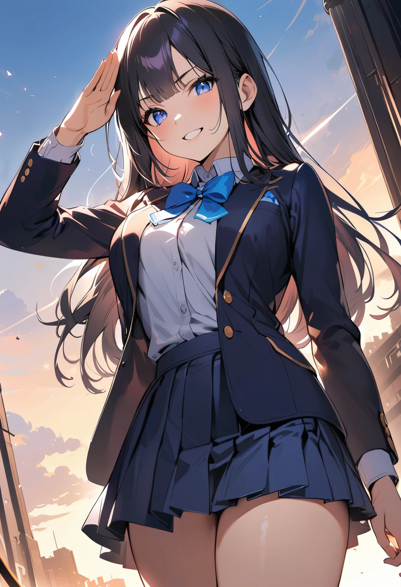 1 girl, long hair, black hair, straight hair, short bangs above brows, happy, 
BREAK (masterpiece), (high resolution 8K), cinematic lighting, professional lighting, detailed eyes and face, detailed body, 
BREAK , blazer, white shirt, blue bowtie, pleated skirt,  
BREAK cowboy shot, dutch angle, 
BREAK night, (depth of field:1.3), portrait, night view, light particles, 