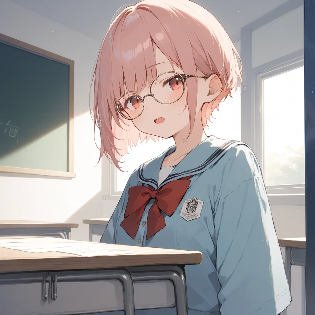 Hentai joven escolar, Naked doggy position in the classroom, pelo rubio ojos rojos, very small breasts and glasses