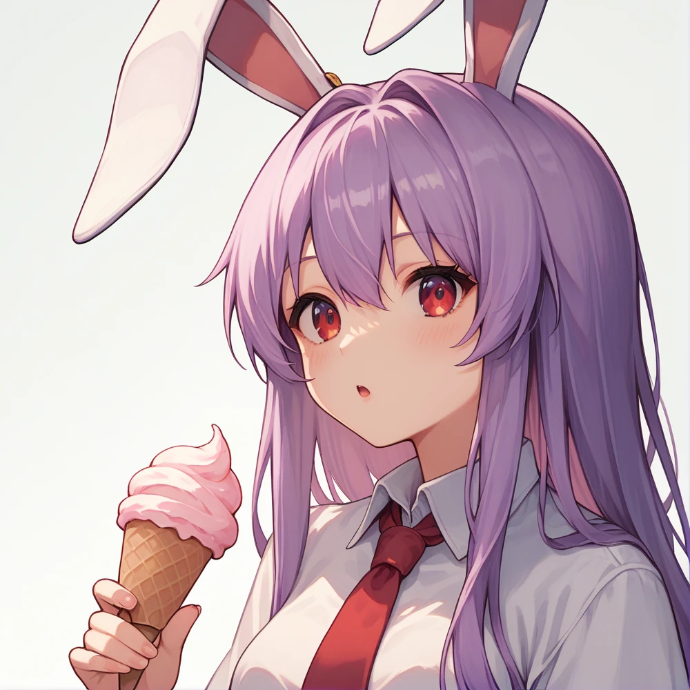 score_9, score_8_up, score_8, score_9, 1 girl,  source_anime,  reisen udongein inaba, purple hair, red eyes, rabbit ears, rabbit girl, long hair, white shirt, red necktie, soft serve ice cream