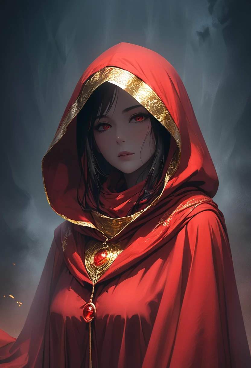 (dark), Photography Ambient Light, A mummy wearing a red hooded robe，The robe has a gold border，There are magic words engraved on it, Mummy in red hooded cloak, floating