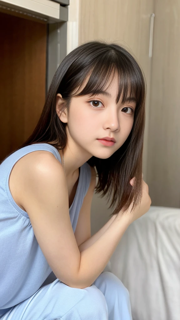 15yo student、a baby face、childish、Lori、Colossal tits、Big ass、randome pose、top-quality、超A high resolution、Photorealsitic、女の子1人、Huge breasts、sauna、looking at viewert、a closeup、Nasty eyes、embarassed face、swim wears、Sauna Hut、Kneeling Pose