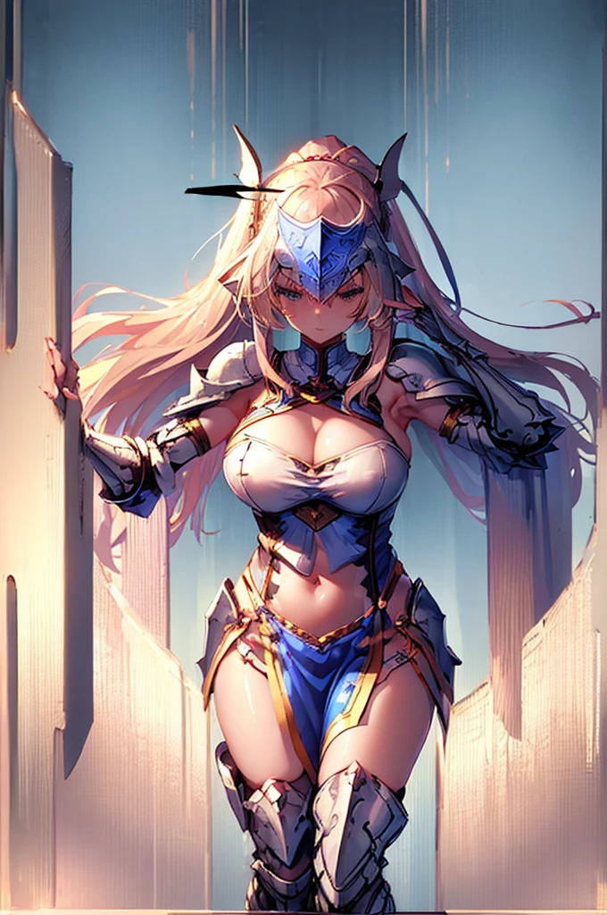 (((Pelvic Curtain)))、((masterpiece、Highest quality、8K、whole body、Are standing))、One beautiful woman、female knight、Pink and gold armor、ponytail、Large Breasts、Cleavage、Muscular、Thick arms、Thighs、Shin pads、Shoulder rest、pocket