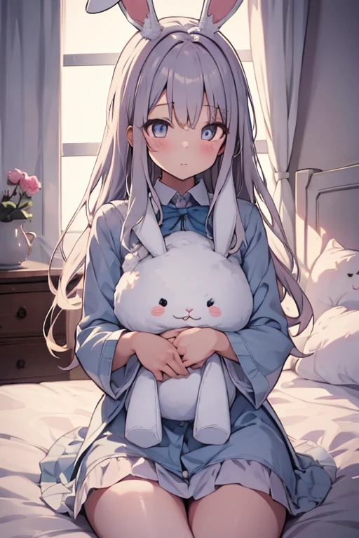 beautiful illustration, best quality, cute girl, bedroom, pastel color, fluffy bunny ears, , silver long hair, rabbit stuffed toy, bright lighting, light pink eyes
