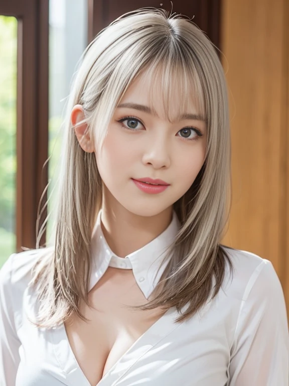 top-quality、8K Masterpiece、超A high resolution、(Photorealsitic:1.3)、Raw photo、女の子1人、silver white hair、glowy skin、((super realistic details))、portlate、globalillumination、Shadow、octan render、8K、ultrasharp、beauty breast、cold color、、highly intricate detail、Realistic light、CGSoation Trends、Beautiful eyes、radiant eyes、Facing the camera、neon details、white  shirt, JINS, neck tie, ssmile