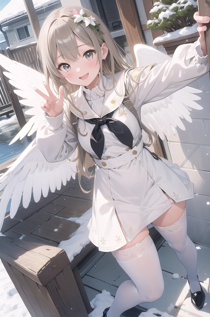 (masterpiece:1.3), (absurdres:1.3), (best quality:1.3), (ultra-detailed:1.3), snow, outdoors, full body, waving, smile, 1girl, nagisa-fi, halo, white wings, long sleeves, white dress, sailor collar, capelet, white skirt, black pantyhose, white high heels,Big angel wings、Big Wings、Floating in the sky、Floating in the air、