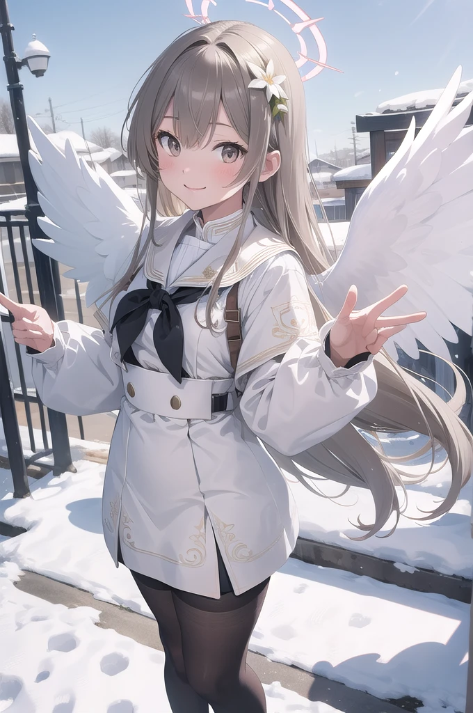 (masterpiece:1.3), (absurdres:1.3), (best quality:1.3), (ultra-detailed:1.3), snow, outdoors, full body, waving, smile, 1girl, nagisa-fi, halo, white wings, long sleeves, white dress, sailor collar, capelet, white skirt, black pantyhose, white high heels,Big angel wings、Big Wings、Floating in the sky、Floating in the air、