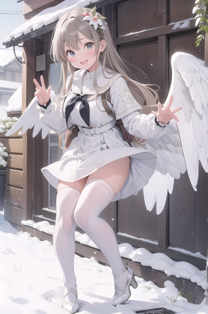 (masterpiece:1.3), (absurdres:1.3), (best quality:1.3), (ultra-detailed:1.3), snow, outdoors, full body, waving, smile, 1girl, nagisa-fi, halo, white wings, long sleeves, white dress, sailor collar, capelet, white skirt, black pantyhose, white high heels,Big angel wings、Big Wings、Floating in the sky、Floating in the air、