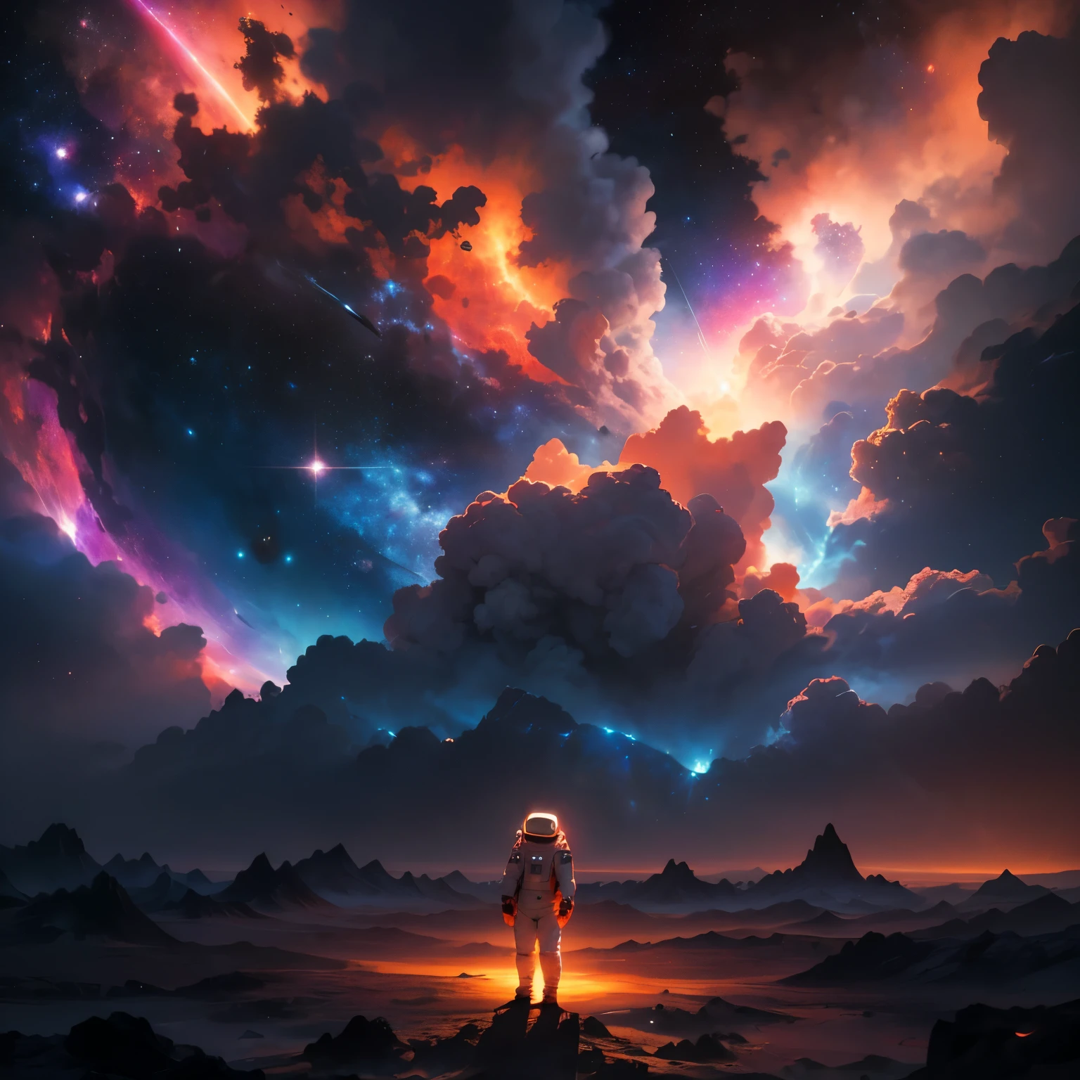 A lone astronaut in a spacesuit floats、A stunning detailed illustration of the Orion Nebula、Surreal、8K、High resolution、masterpiece、Cinematic lighting、Dramatic atmosphere、Glowing celestial bodies、Bright colors、Deep Universe、Nebula Cloud、Space Landscape、Awe-inspiring、Fascinating、Photorealistic、Intricate details、Stunning beauty、Breathtaking、Ultra-detailed
