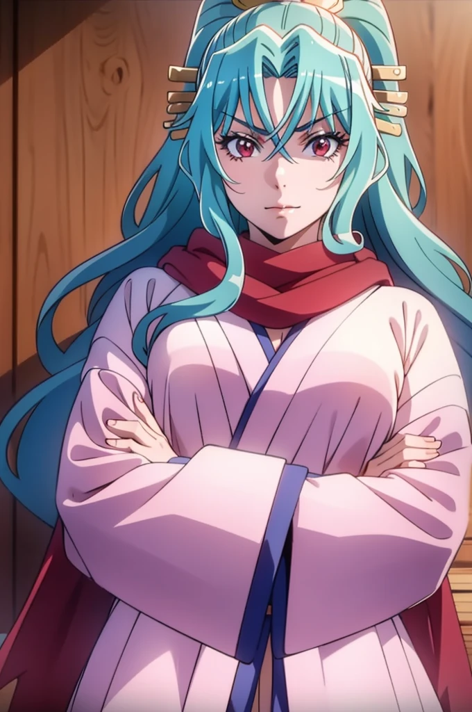 ****ung woman with crimson red eyes long silky light blue hair light pink samurai clothing and 7th red torn scarf on her neck calm expression on her face , with his arms crossed totally realistic character