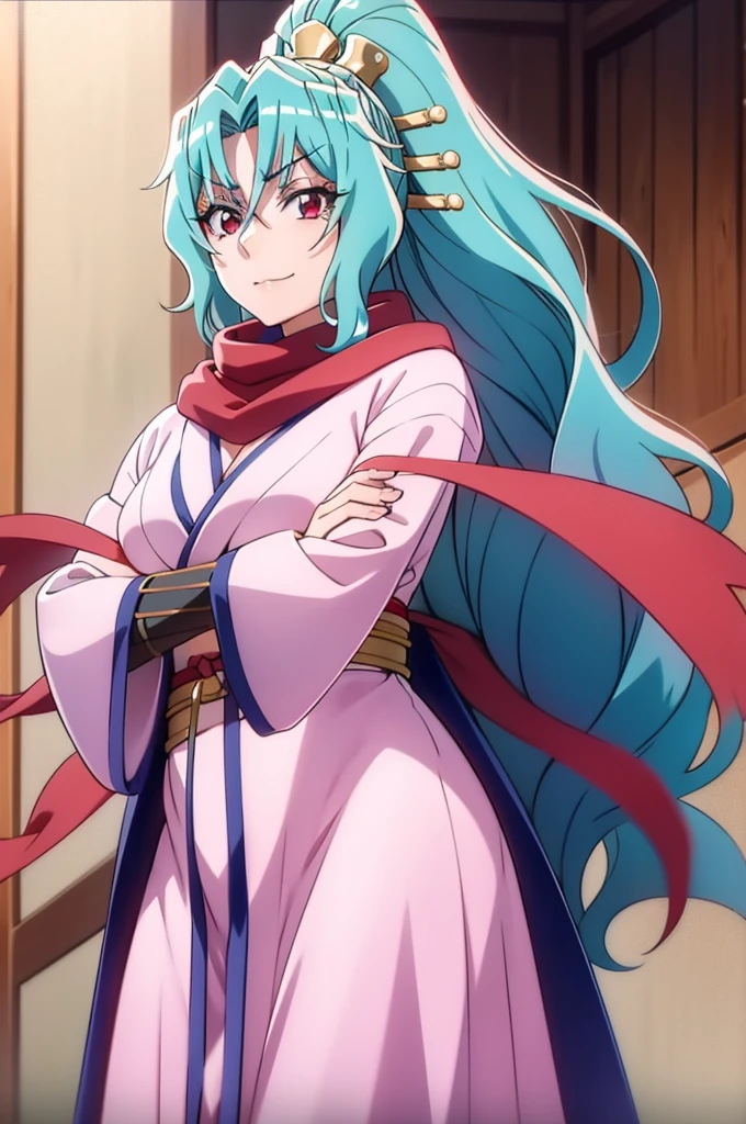 ****ung woman with crimson red eyes long silky light blue hair light pink samurai clothing and 7th red torn scarf on her neck calm expression on her face , with his arms crossed totally realistic character