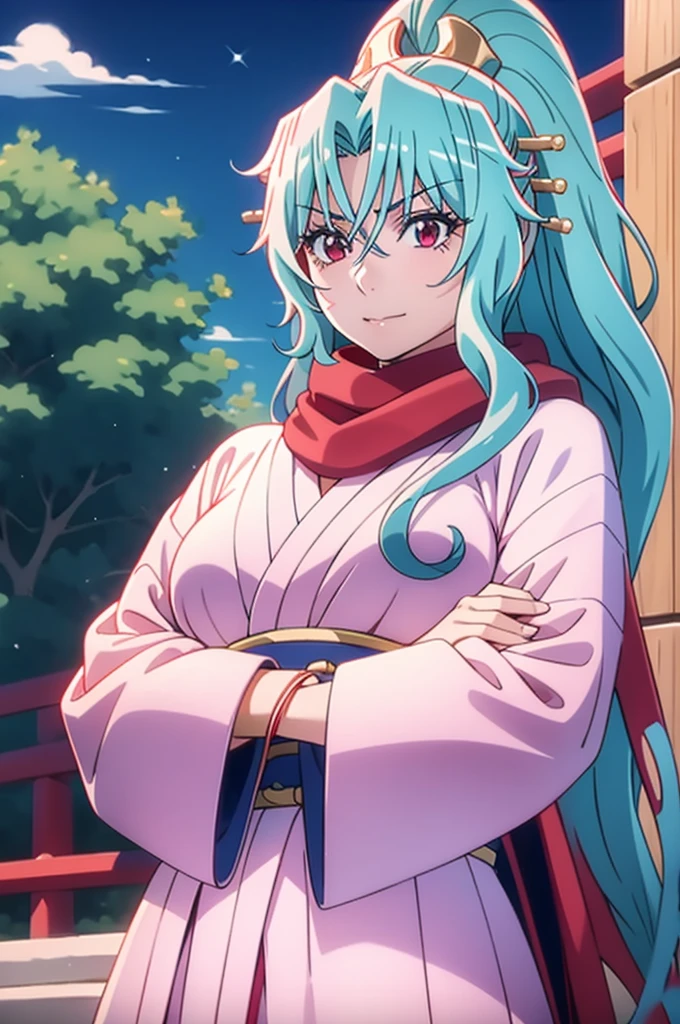 ****ung woman with crimson red eyes long silky light blue hair light pink samurai clothing and 7th red torn scarf on her neck calm expression on her face , with his arms crossed totally realistic character