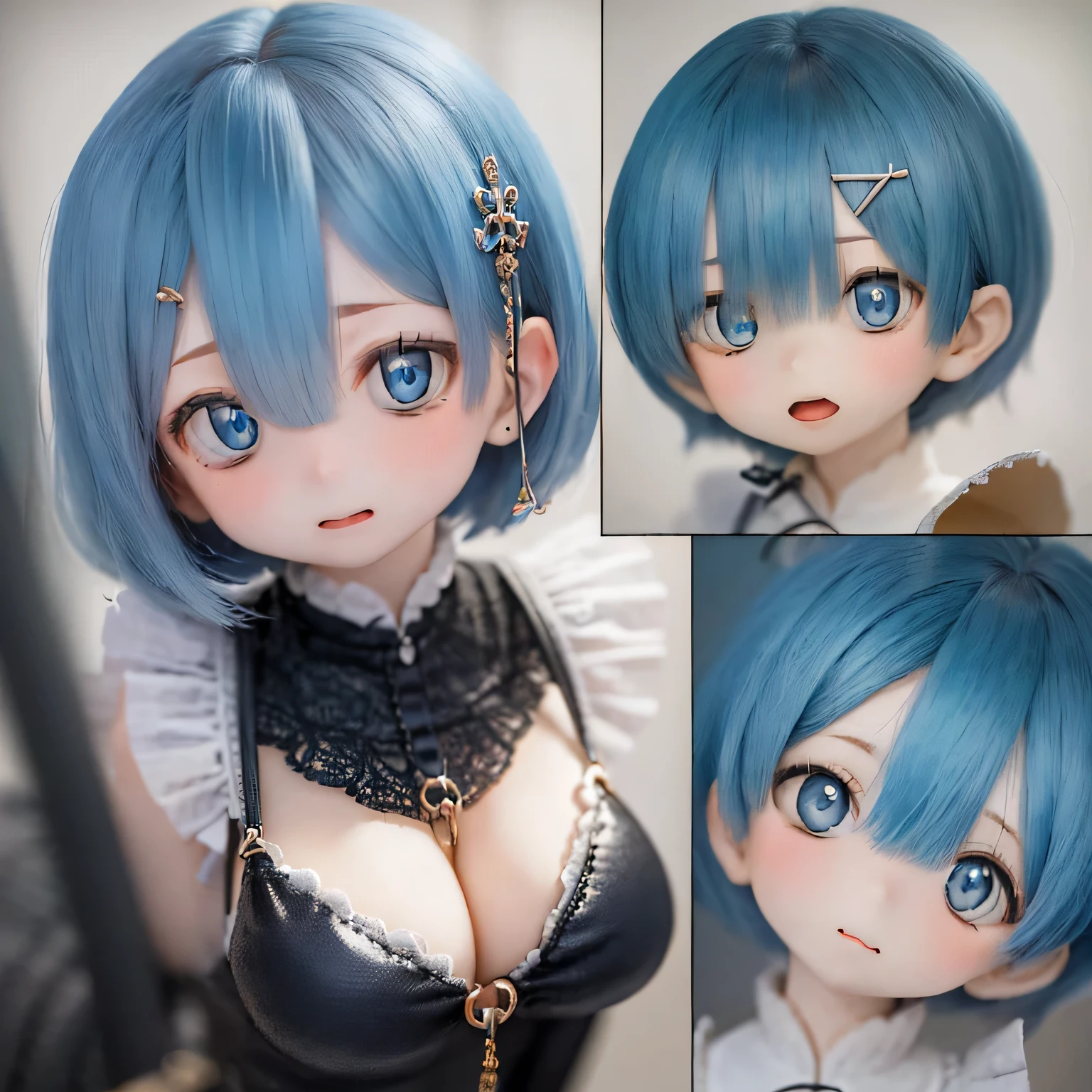 A 20-year-old woman named Rem,  Huge Breast Style, Has beautiful and delicate eyes, lips, And the face. Artwork must be of the highest quality, Sharp focus and ultra-detailed rendering. The color palette should be vibrant and vivid.  The medium must be illustration or digital painting. For more information, look、bikini And with a look of joy.セクシーなポーズ Blue Hair かわいいポーズ (((short hair)))、Blue Hair、Butt、(((Swimwear))) 