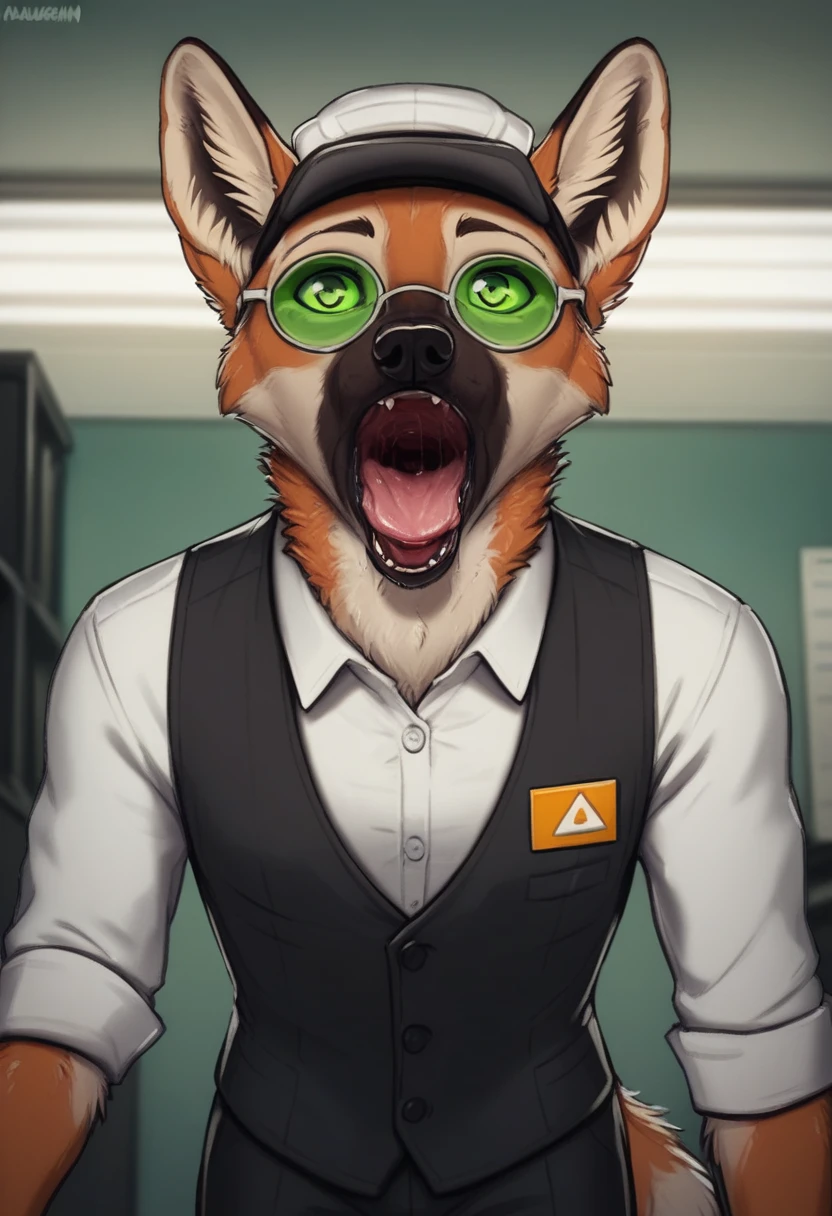 Maned wolf, brown primary fur, white secondary fur, solo, green sclera, walking in an office, night time, detailed paws, ((detailed face, (detailed eyes), by zackarry911, by zaush, thin body, (by personalami:0.5), solo, looking away from the viewer, 1boy, male focus, glasses, coat, hand on hip, formal, from below, glasses, suit, grey suit vest, necktie, ((flatcolor)), vore, large vore stomach, person inside of the vore stomach is struggling, white fluffy belly, gurgling belly effect, perfect proportions, shutting jaw shut, ((swallowing an employee down his throat with a gulp))