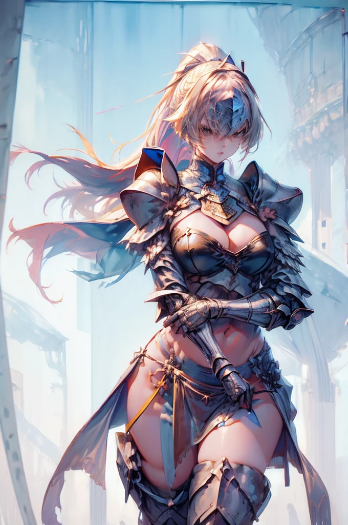 (((Pelvic Curtain)))、((masterpiece、Highest quality、8K、whole body、Are standing))、One beautiful woman、female knight、Pink and gold armor、ponytail、Large Breasts、Cleavage、belly button、stomach、Muscular、Thick arms、Thighs、Shin pads、Shoulder rest、pocket