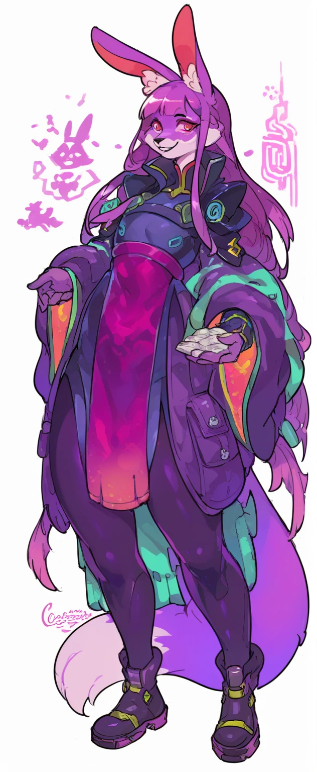 Character ,1 women, furry, Antro, fox, antropomorfic , pink eyes, blep, coffeesoda,no tail, better eys, nices eyes, big smile, villan clothing art style, e621, Fantazy adventurer, purple fox femboy, black boddy, purple hair, long hair, purple fur, bunny ears,purple clothing , villan clothes, smiling faces no tail,better hands perfect anamoty, cyberpunk clothes, ( ( character concept art ) ), official character art,arknights, sage ( valorant ), gestyle, character artwork full body