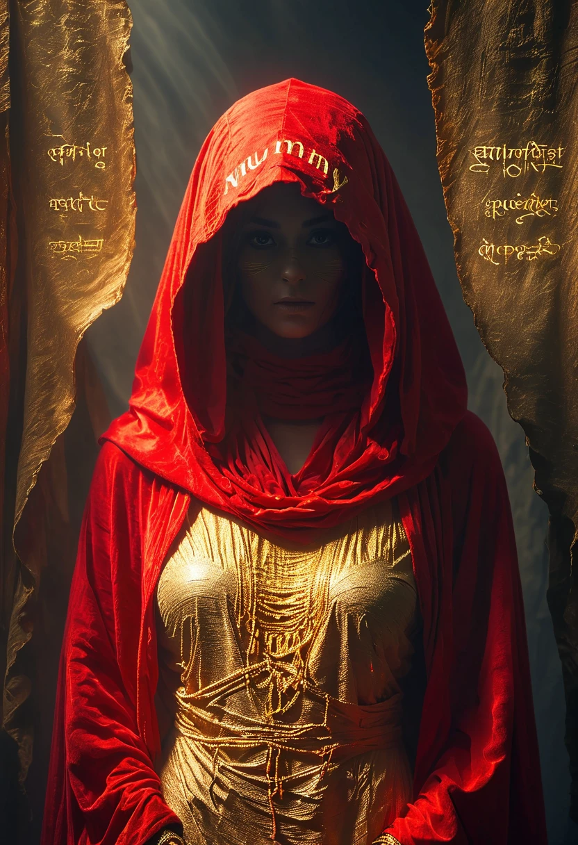 (dark), Photography Ambient Light, A mummy wearing a red hooded robe，The robe has a gold border，There are magic words engraved on it, Mummy in red hooded cloak, floating