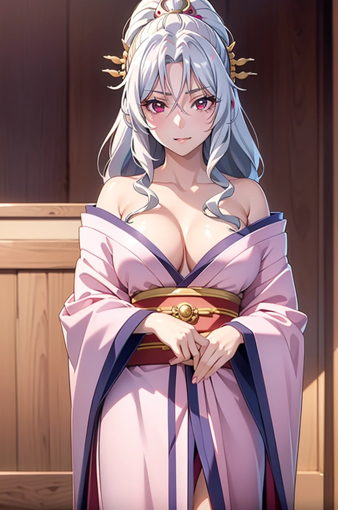 ((surreal photo, 8K uhd, professional photos, Full details from clothes to face, eyes full of life, pink eye color, masterpiece, goddess of beauty)).Tomoe is an extremely beautiful young woman with white hair,bouncy hair,red eyes,medium chest,kimono